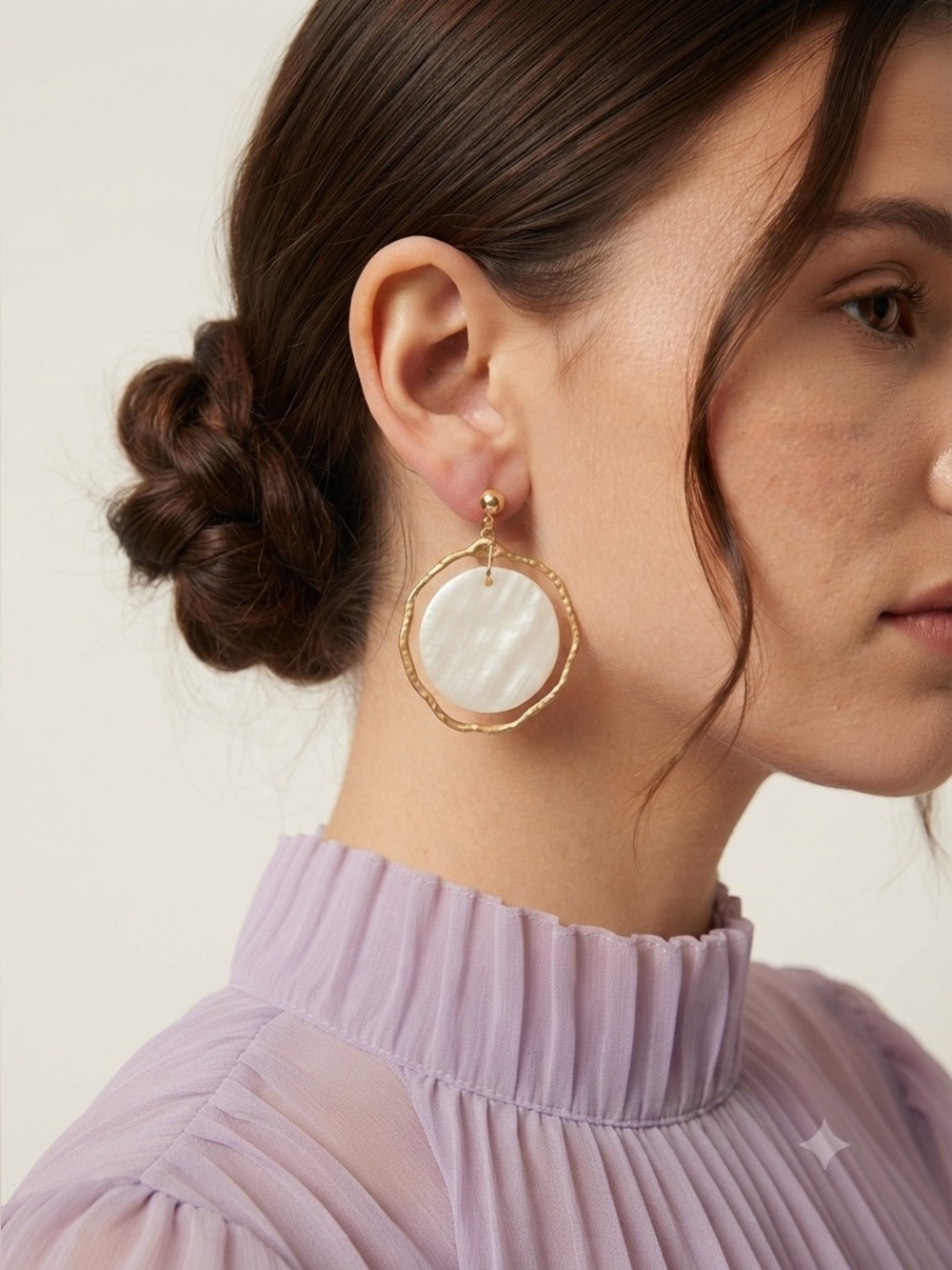 Gold Hammered Hoop Earrings | White Disc Center Textured Dangles